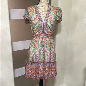 Hale Bob Pink and Green Puff Sleeve Mini Sundress